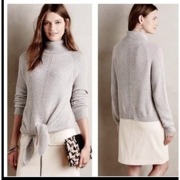 Anthropologie Moth Tie-Front Turtleneck Cashmere-Blend Sweater–Light Gray–Size S - Picture 3 of 6